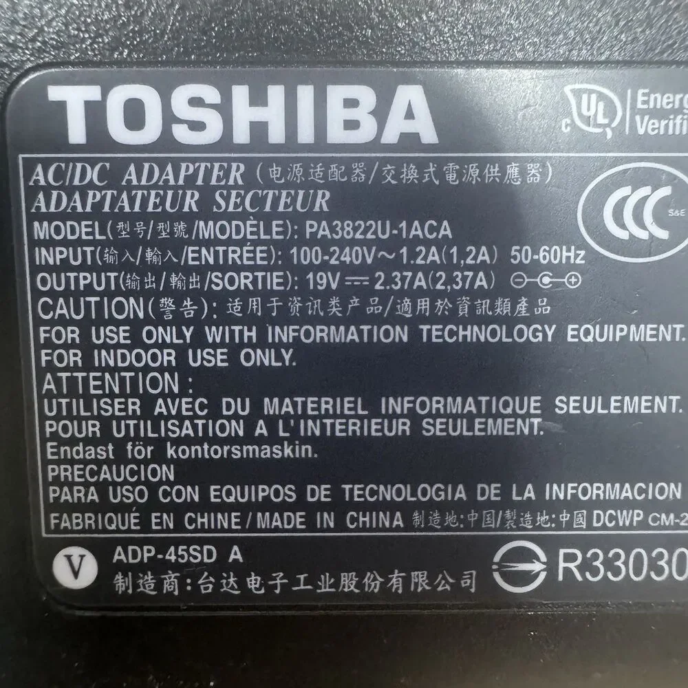 Toshiba 19V 2.37A 45W‎ AC Adapter PA3822U-1ACA Tested And Working